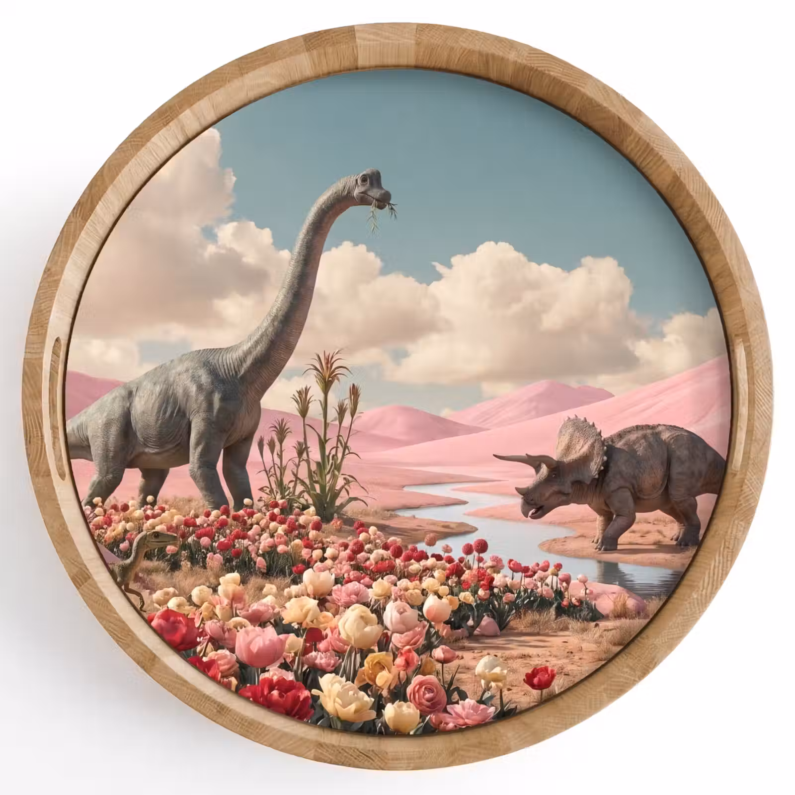 Tray - Dinosaur - Pink - Landscape - Dinosaurus - Roze - Landschap Dienblad Rond middel