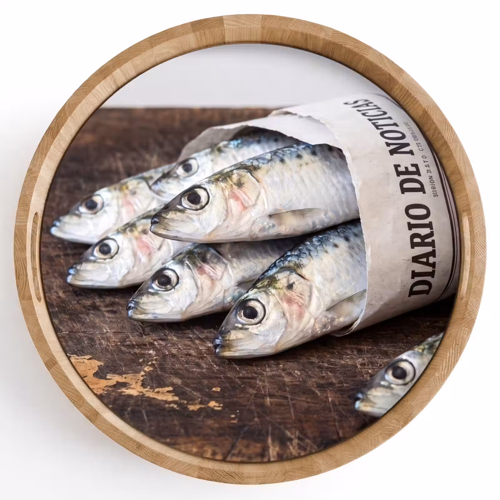 Tray - Little Sardine - newspaper - cutting board - Sardientje - krant - snijplank Dienblad Rond middel