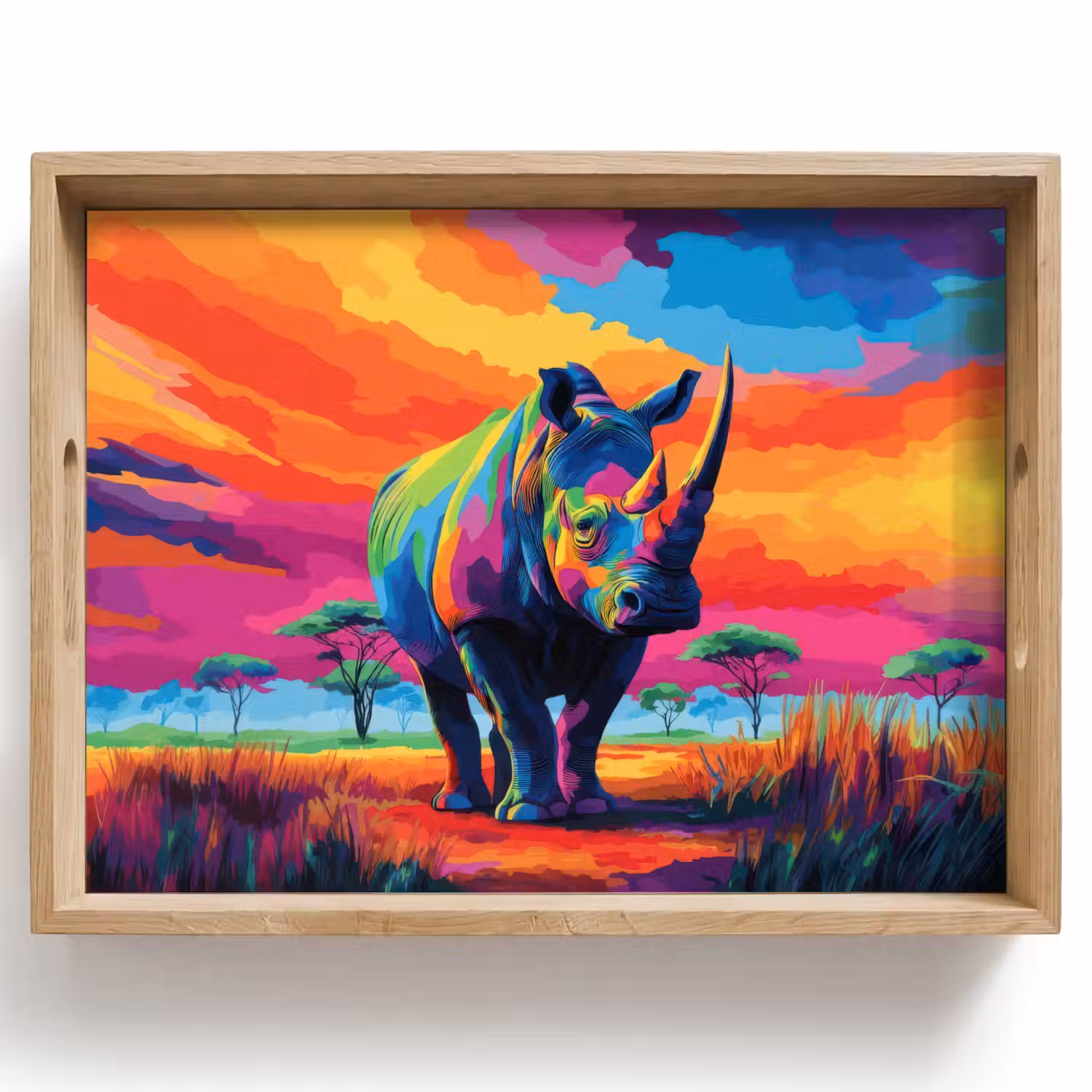 Neushoorn - Zonsondergang - Savanna - Kleurrijk Dienblad Rechthoek middel -z3d_shopping