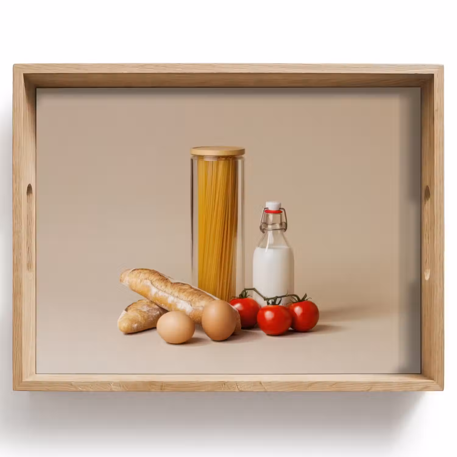 Spaghetti - Melk - Tomaten - Eieren - Brood Dienblad Rechthoek middel -z3d_shopping