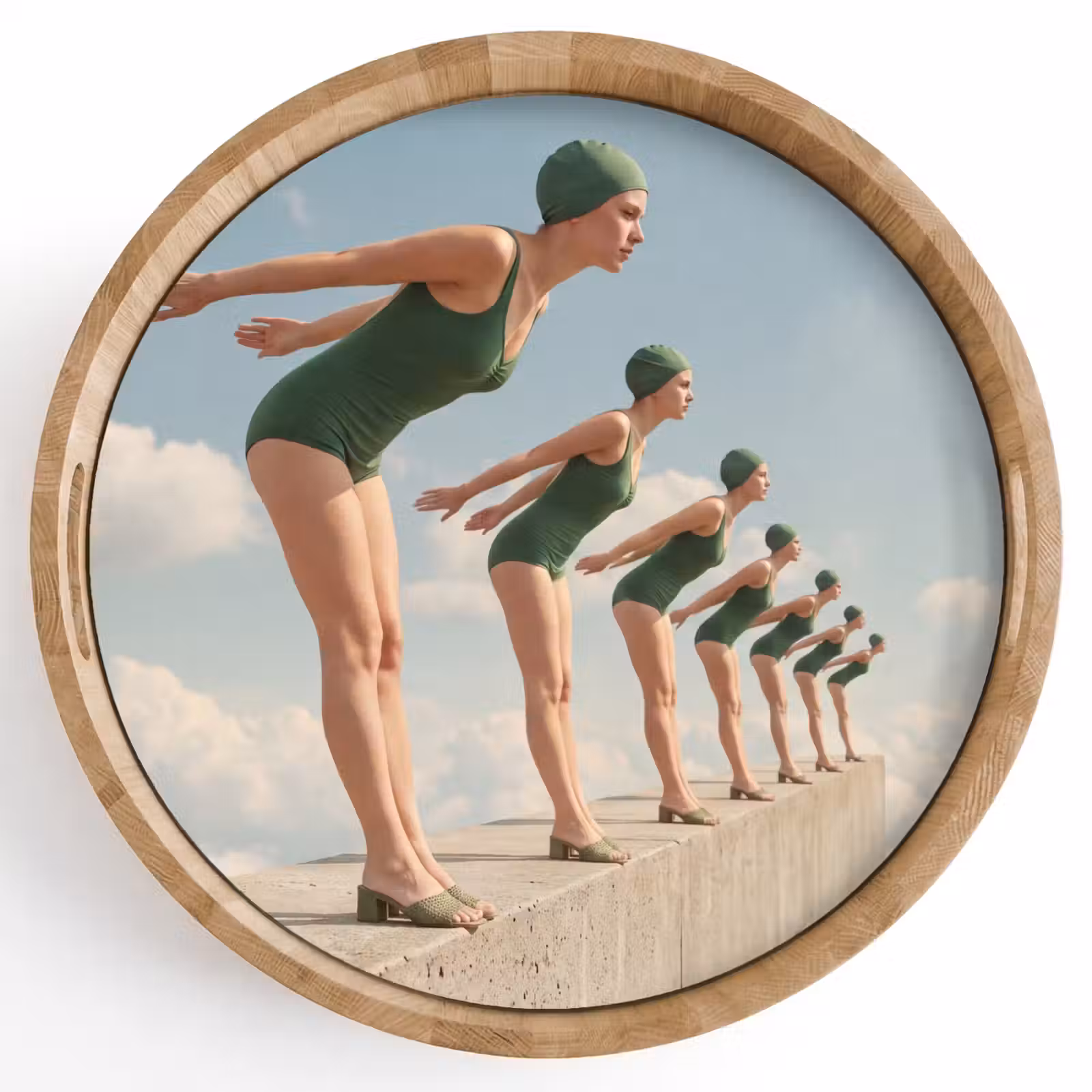 Tray - Women - Diving Pose - Clouds - Vrouwen - Duikhouding - Wolken Dienblad Rond middel