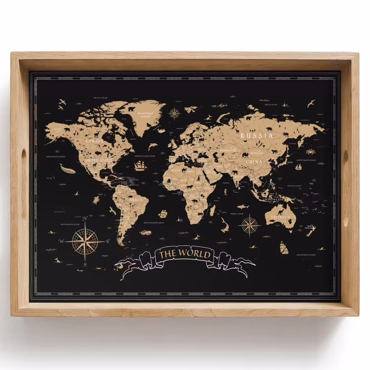 Wereldkaart - Beige - Zwart Dienblad Rechthoek middel -z3d_shopping
