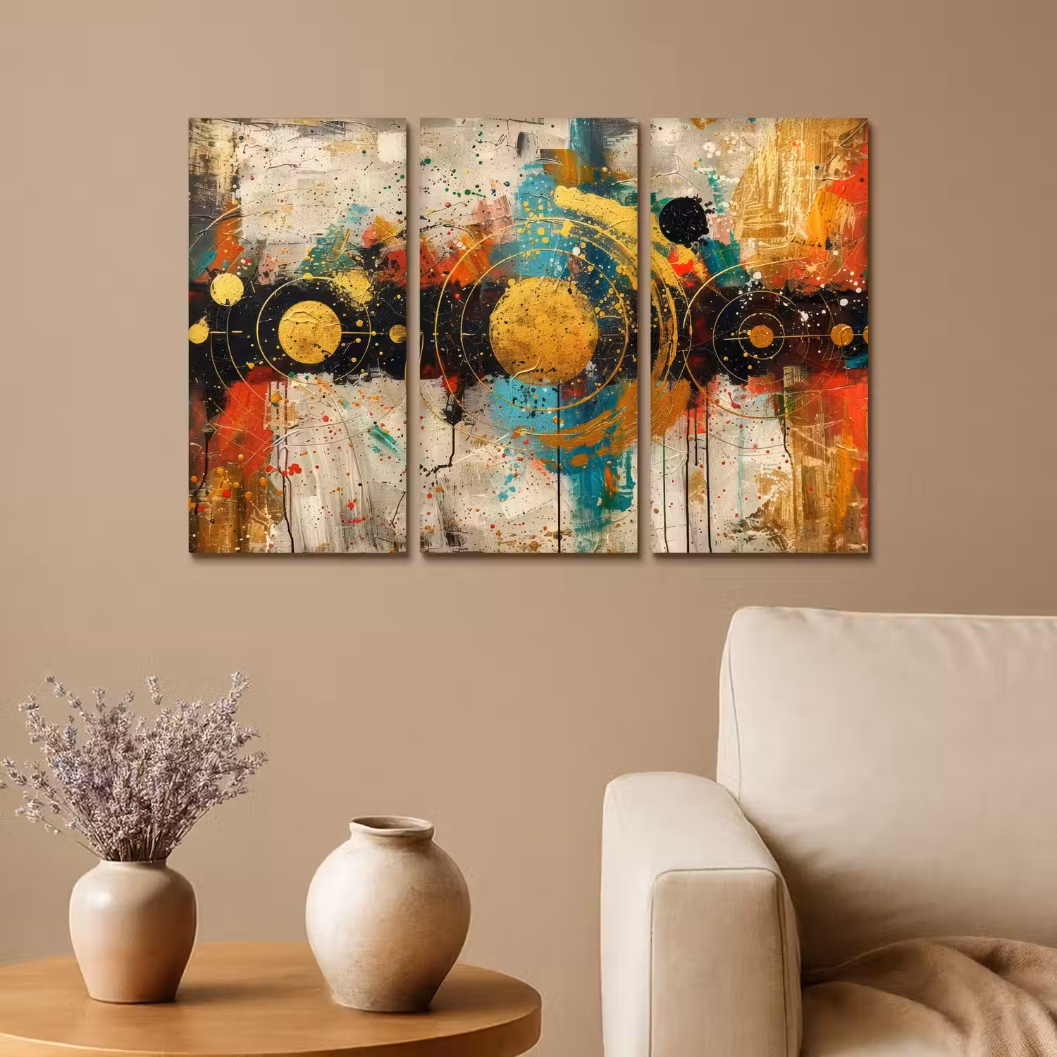 Abstract - Goud - Vormen Canvas - Meerluiken 3 luik klein -sfeer1