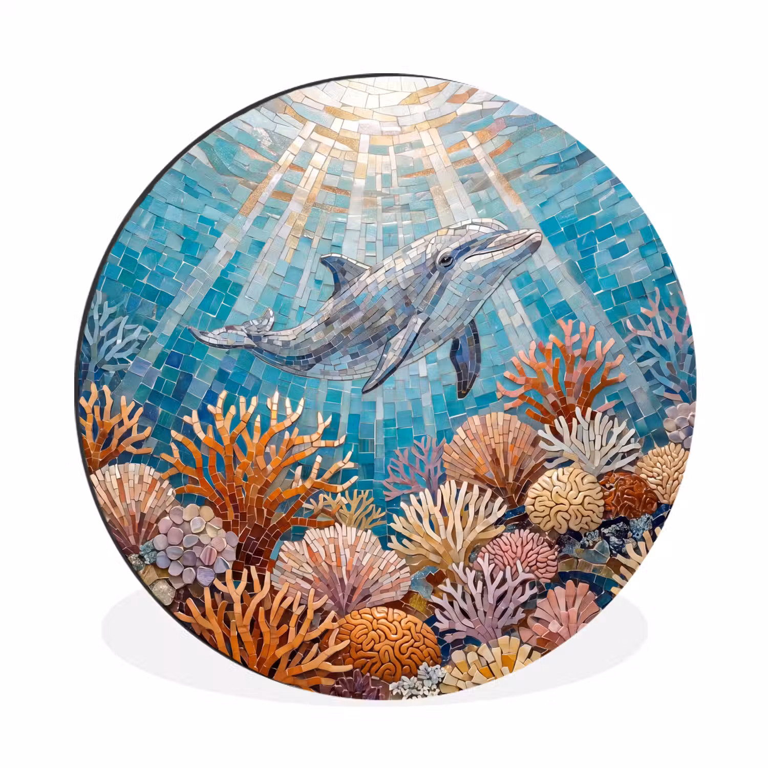 Dieren - Mozaïek - Oceaan - Koraal - Blauw Wandcirkel aluminium klein -3d