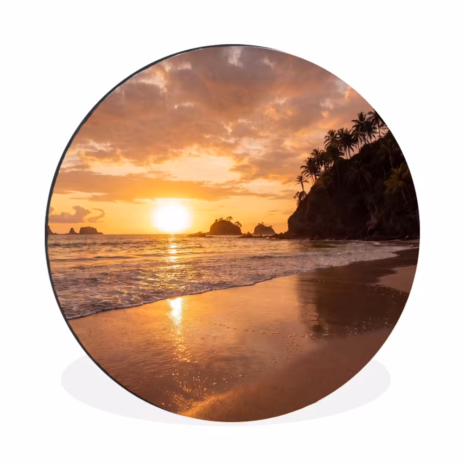 Strand - Zonsondergang - Natuur - Tropisch - Oranje Wandcirkel aluminium klein -3d