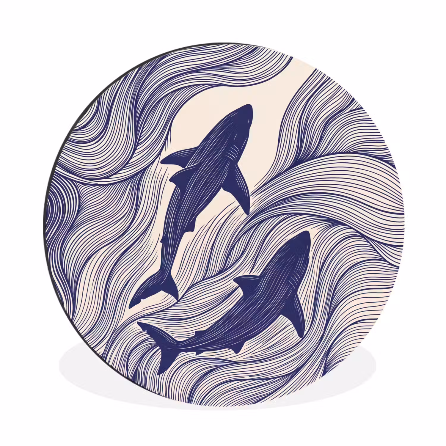 Vis - Oceaan - Lijntekening - Blauw - Dieren Wandcirkel aluminium klein -3d