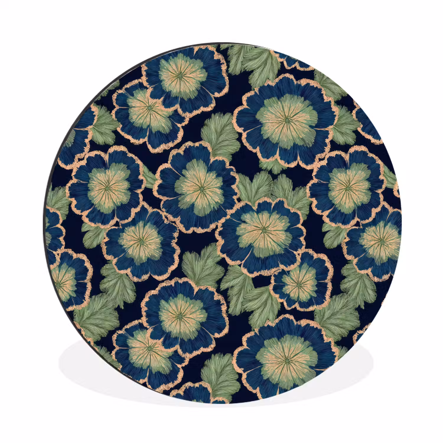 Bloemen - Borduurwerk - Patroon - Blauw - Groen Wandcirkel aluminium klein 190 -3d