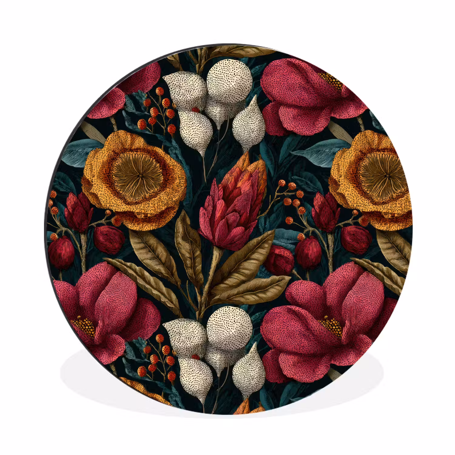 Bloemen - Patroon - Rood - Goud Wandcirkel aluminium klein 190 -3d