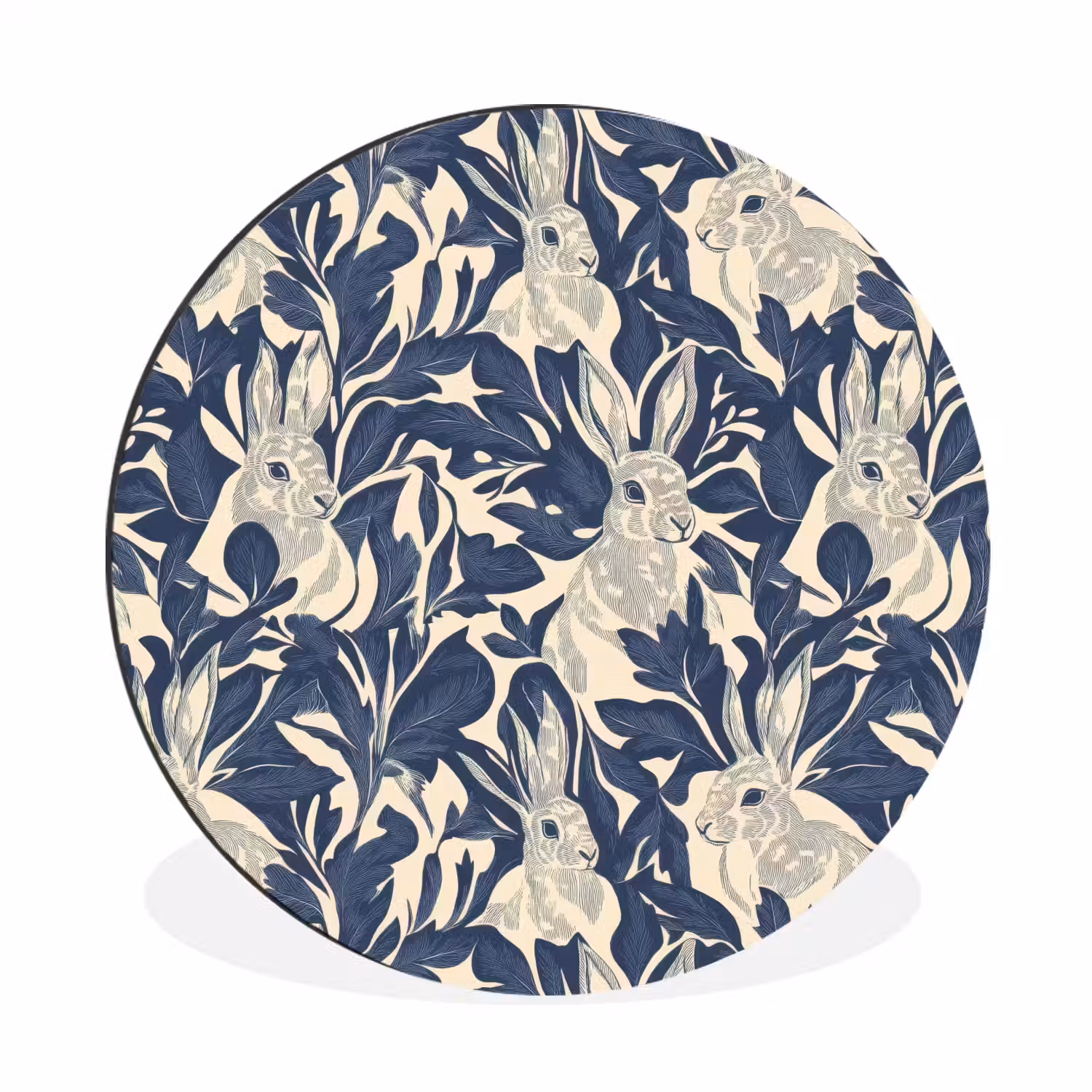 Hazen - Bladeren - Patroon - Blauw - Beige Wandcirkel aluminium klein 190 -3d