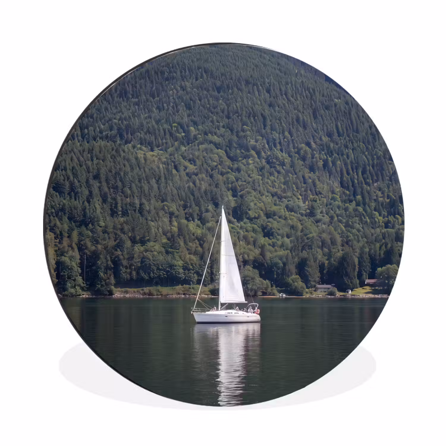 Zeilboot - Water - Bergen - Natuur - Groen Wandcirkel aluminium klein -3d