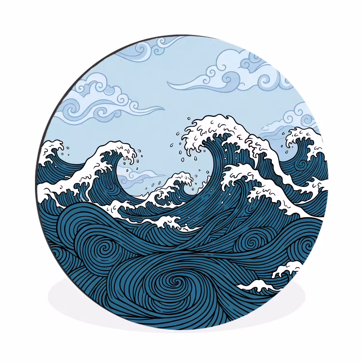 Zee - Golven - Japans - Natuur - Blauw Wandcirkel aluminium klein -3d