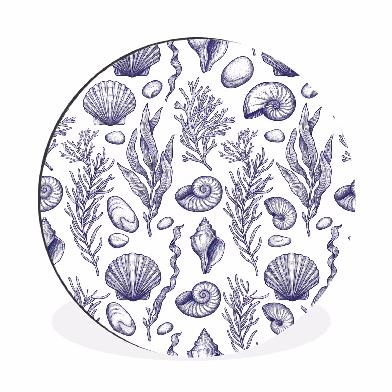 Schelpen - Zeewier - Oceaan - Illustratie - Blauw Wandcirkel aluminium klein -3d