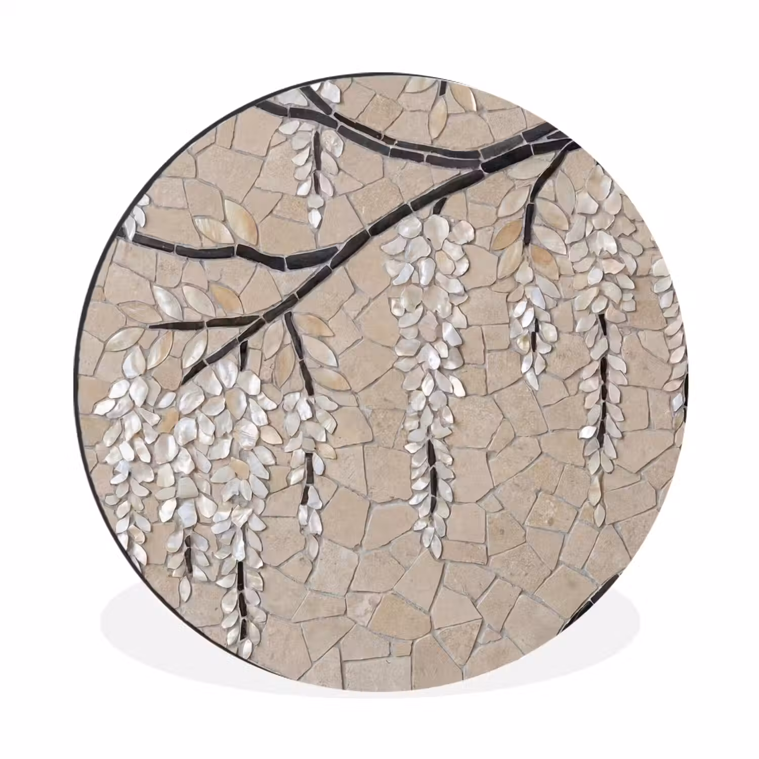 Boom - Bloemen - Mozaïek - Kunst - Wit Wandcirkel aluminium klein -3d