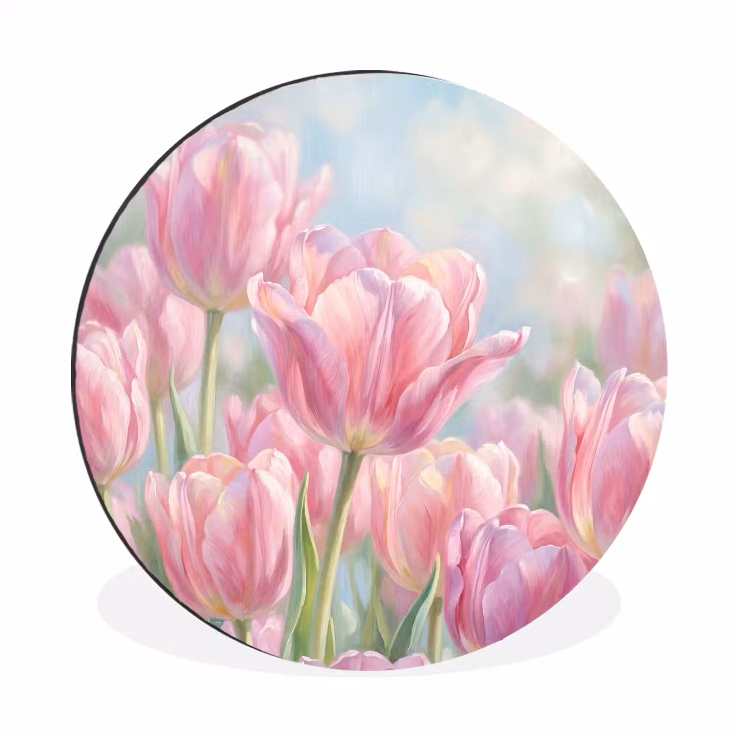 Tulpen - Veld - Lente - Roze Wandcirkel aluminium klein -3d