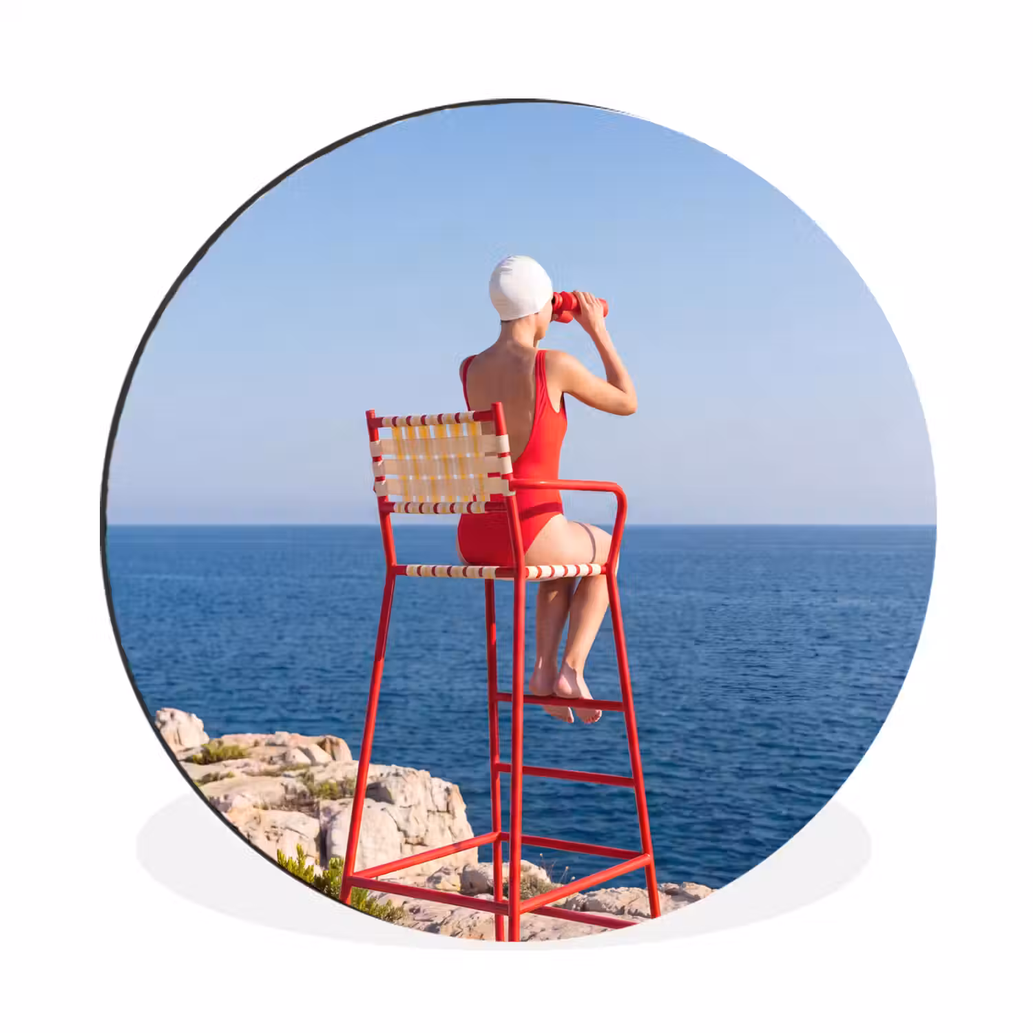 Vrouw - Zee - Kust - Verrekijker - Rood Wandcirkel aluminium klein -3d