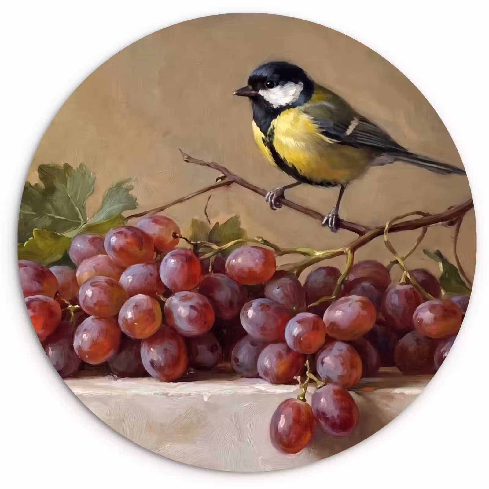 Wall circle - Glass - Bird - Grapes - Still Life - Vogel - Druiven - Stilleven Wandcirkel plexiglas klein