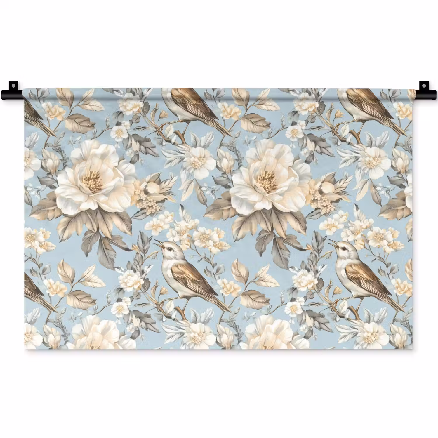 Botanisch - Zangvogel - Blauw Wandkleed katoen klein 269 -zz3d