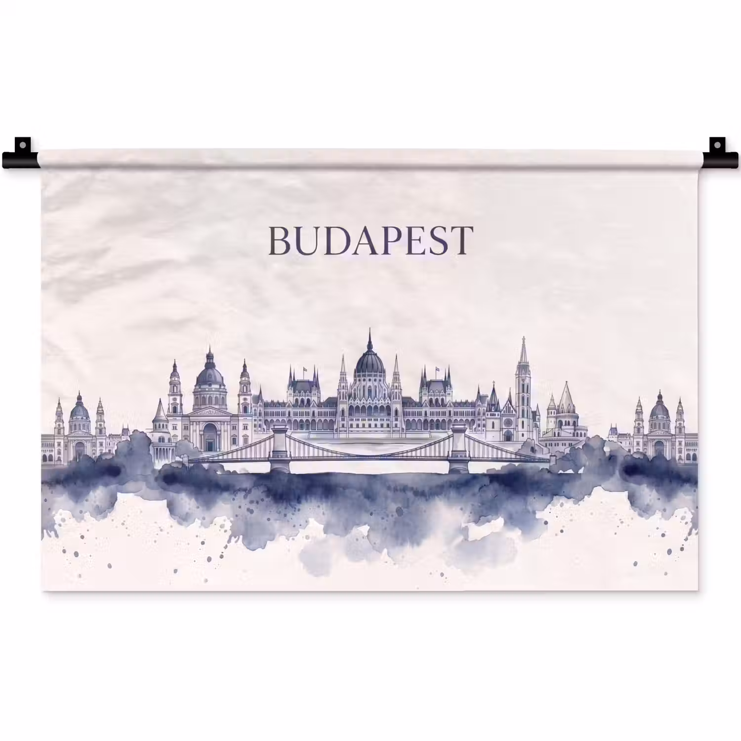 Boedapest - Skyline - Architectuur - Aquarel - Blauw Wandkleed katoen klein -zz3d