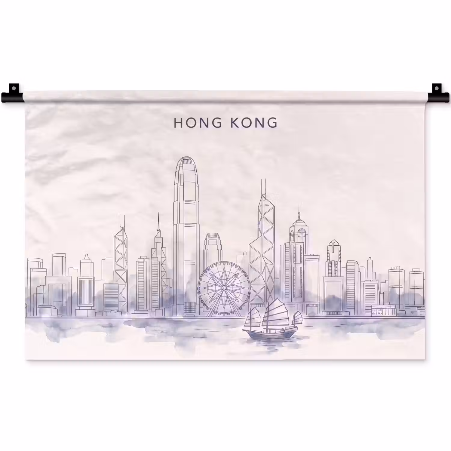 Stad - Skyline - Water - Lijntekening - Blauw Wandkleed katoen klein -zz3d