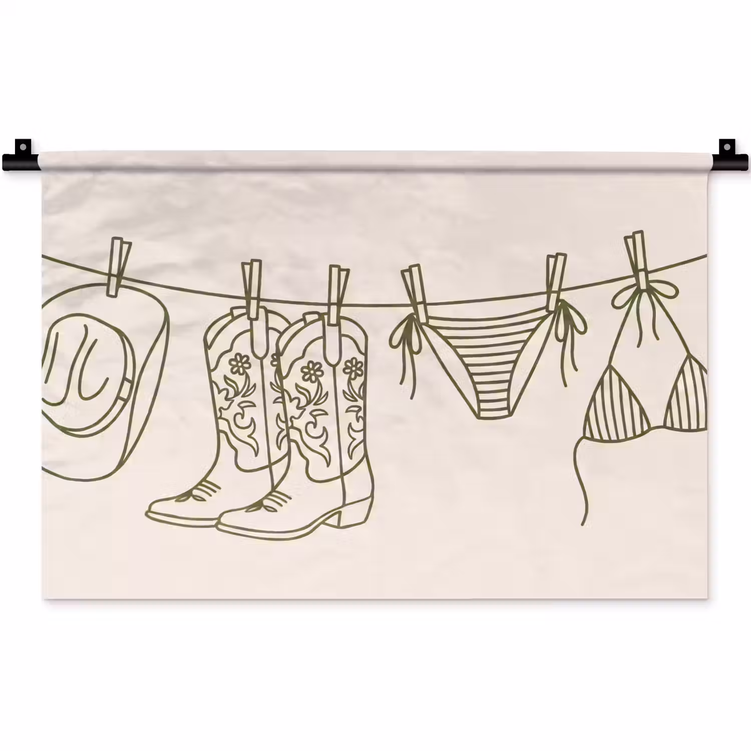 Kleding - Waslijn - Zomer - Lijntekening - Groen Wandkleed katoen klein -zz3d