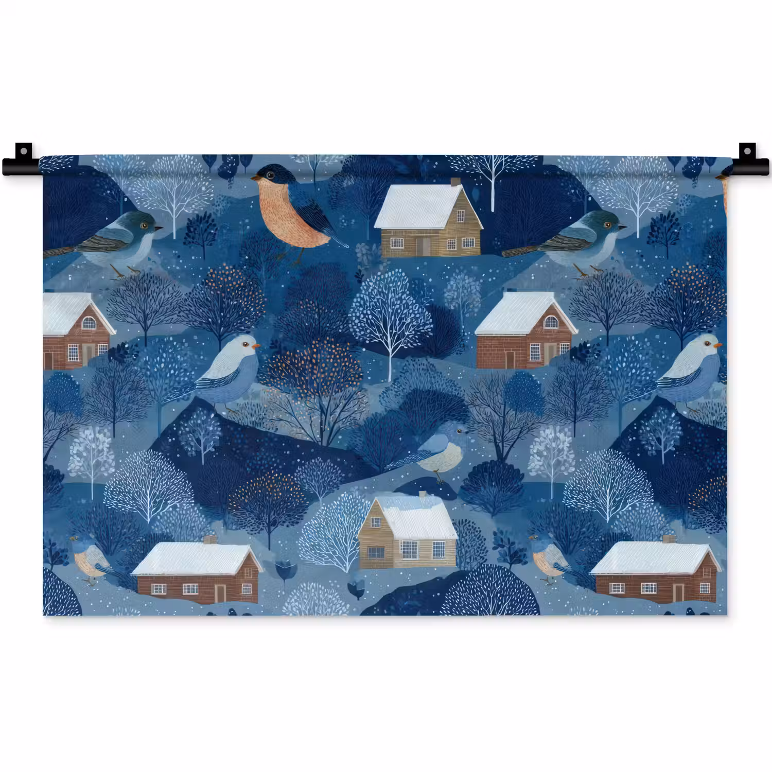 Huisjes - Vogels - Sneeuw - Winter - Blauw Wandkleed katoen klein 269 -zz3d