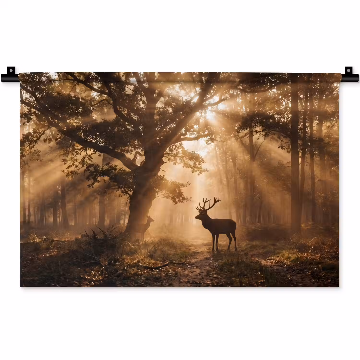 Hert - Bos - Mistig - Natuur - Goud Wandkleed katoen klein -zz3d