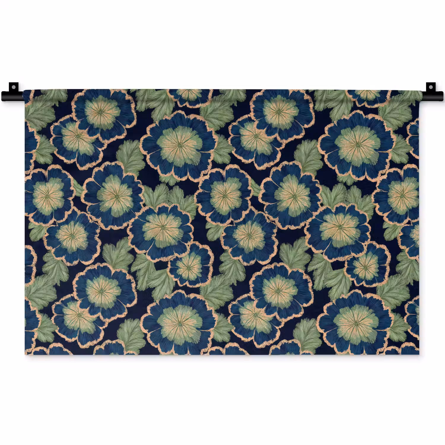 Bloemen - Borduurwerk - Patroon - Blauw - Groen Wandkleed katoen klein 269 -zz3d