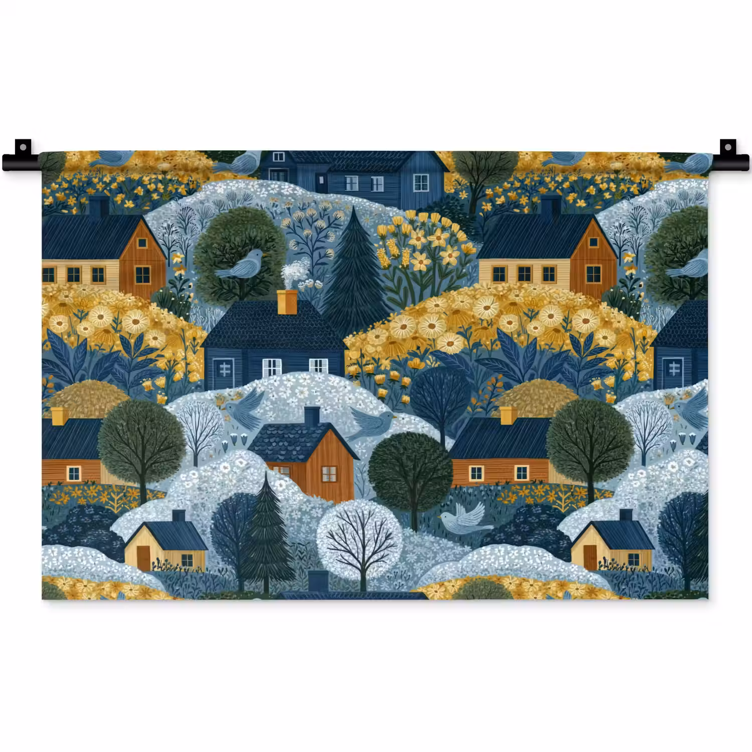 Huisjes - Bloemen - Patroon - Geel - Blauw Wandkleed katoen klein 269 -zz3d