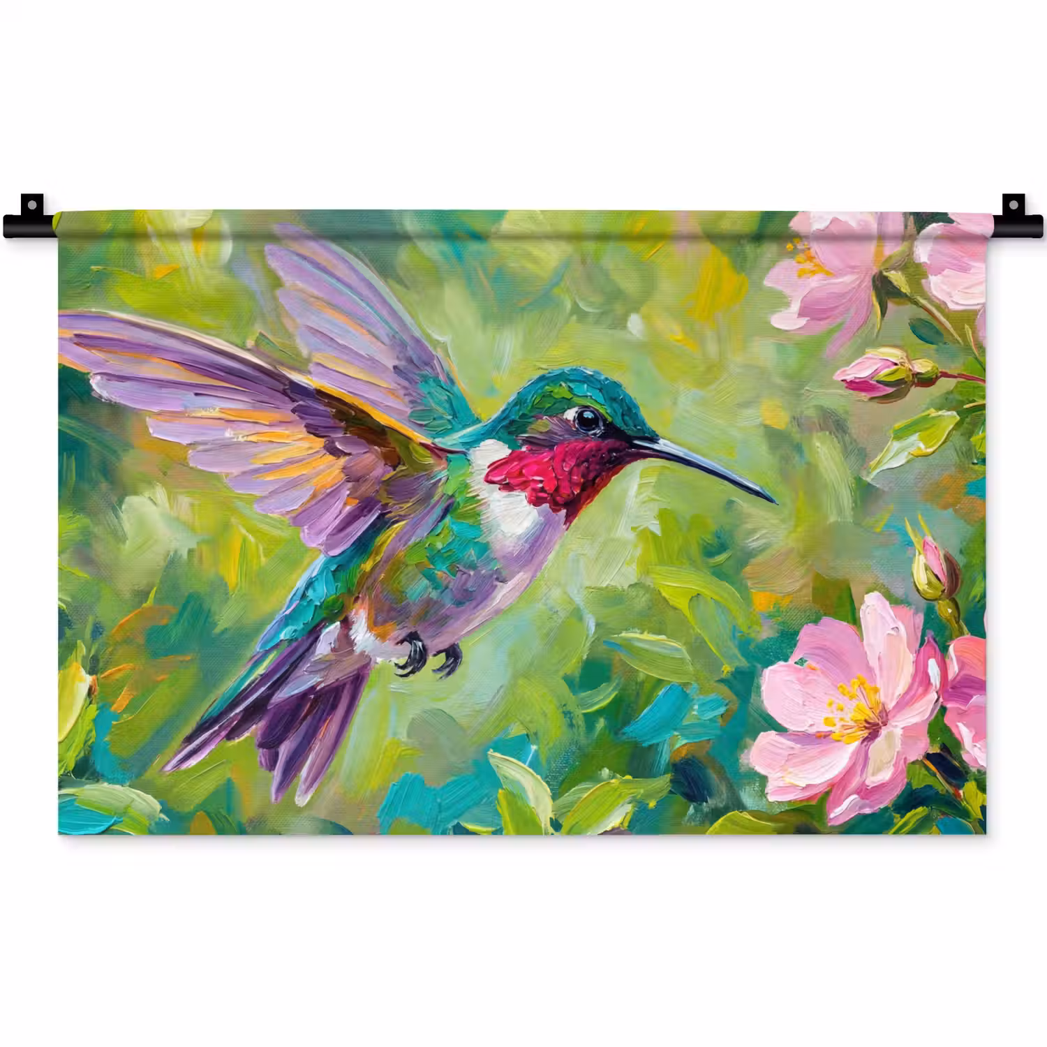 Kolibrie - Bloemen - Natuur - Kleurrijk Wandkleed katoen klein -zz3d