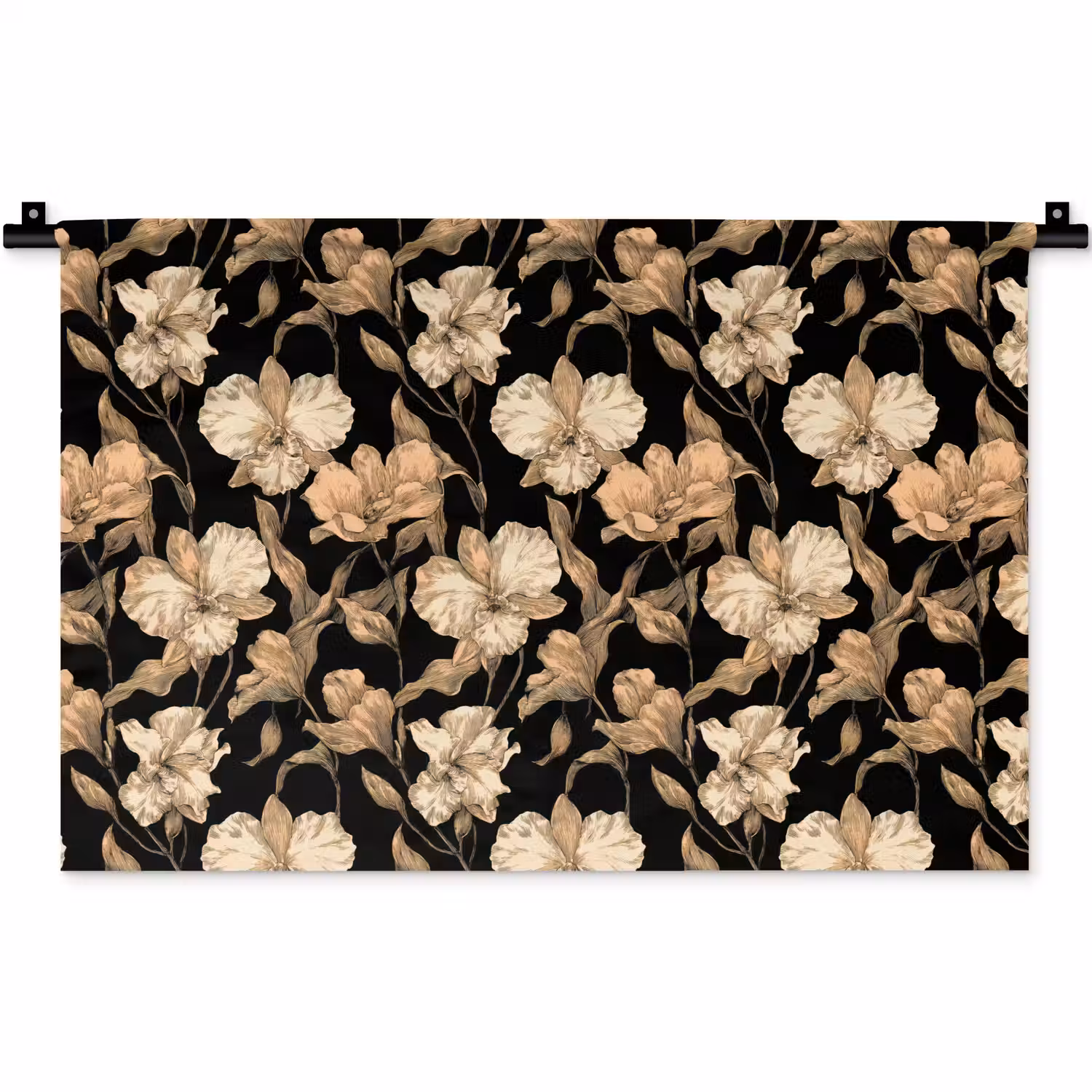 Orchideeën - Lijntekening - Patroon - Beige - Zwart Wandkleed katoen klein 269 -zz3d