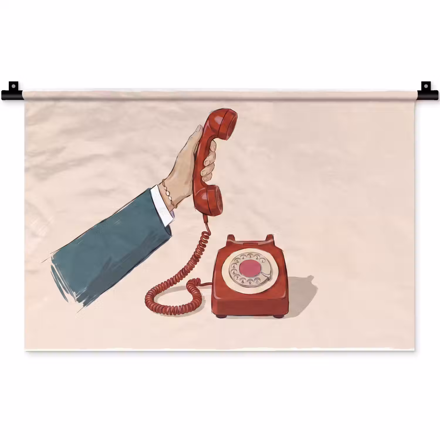 Telefoon - Hand - Vintage - Communicatie - Rood Wandkleed katoen klein -zz3d
