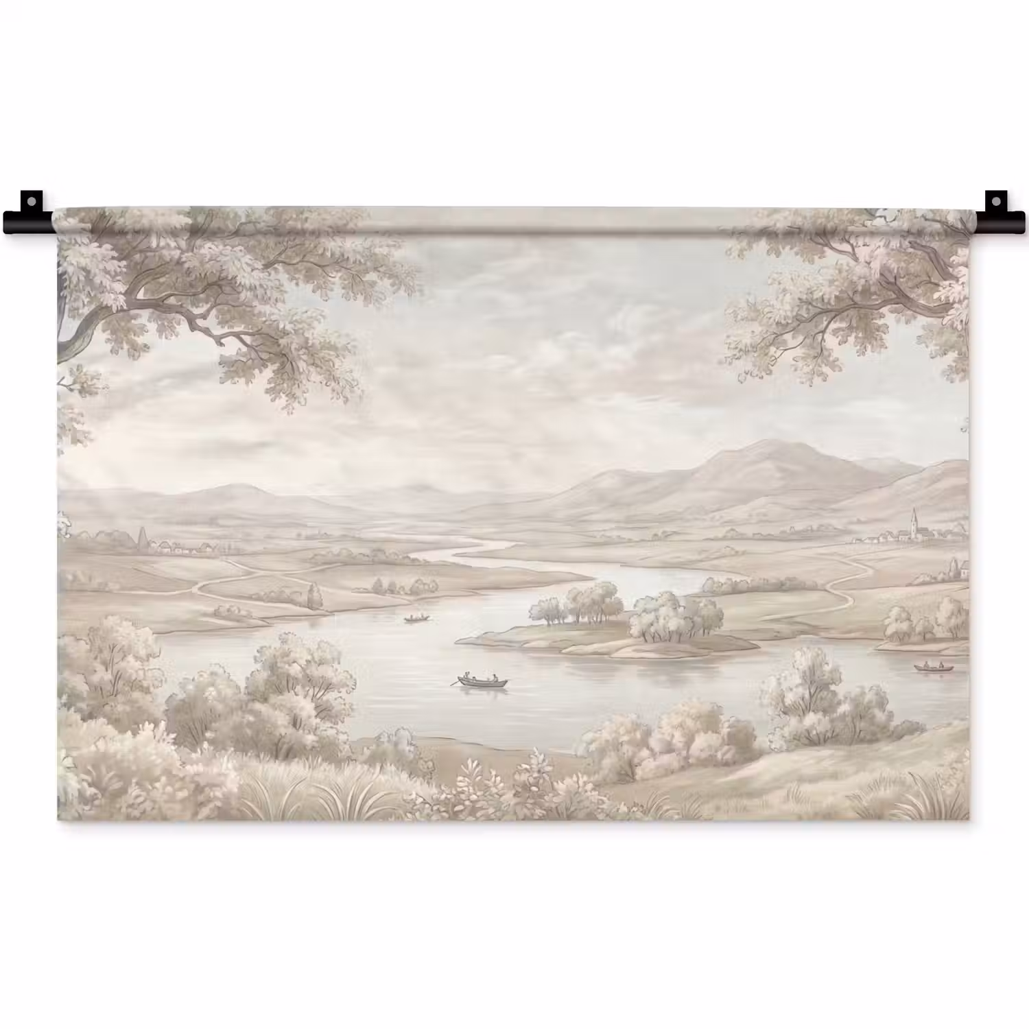 Rivierlandschap - Bergen - Natuur - Vintage - Beige Wandkleed katoen klein -zz3d