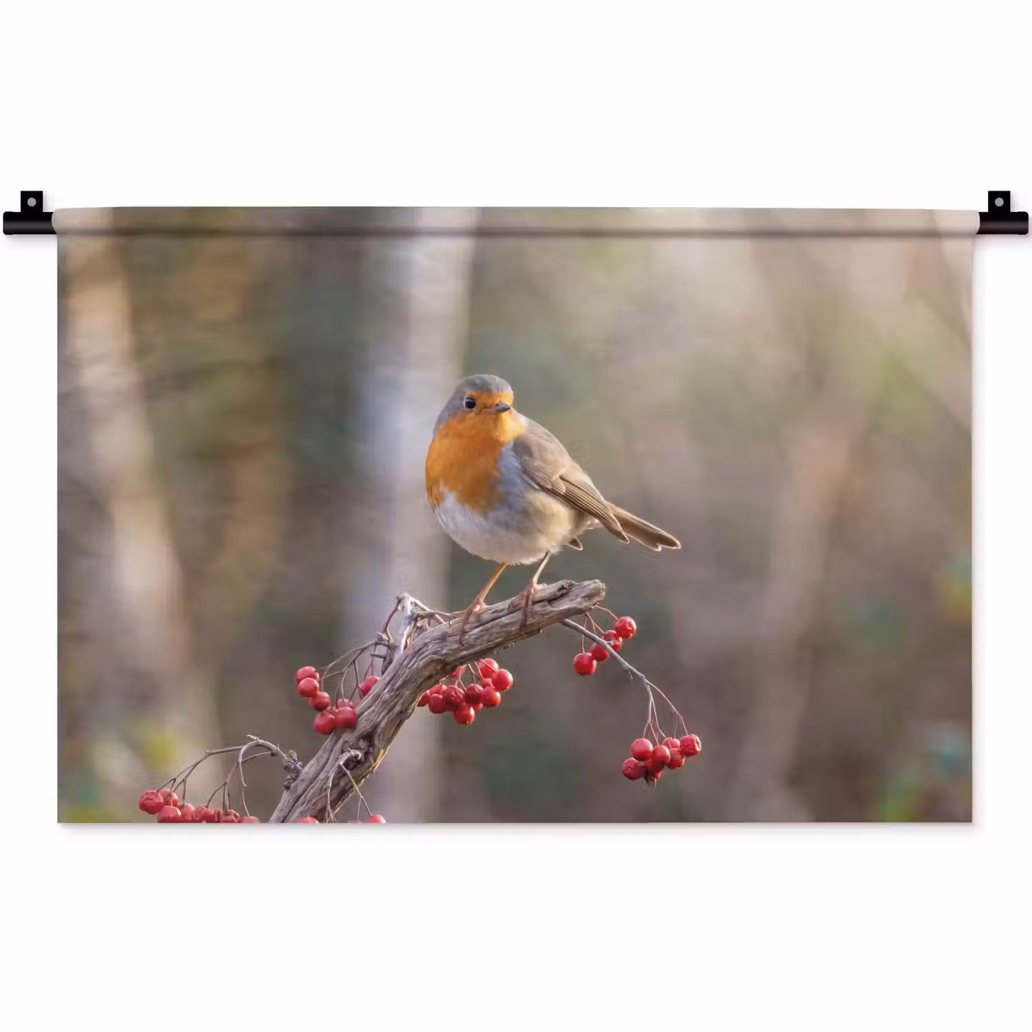 Roodborst - Tak - Bessen - Natuur Wandkleed katoen klein -zz3d