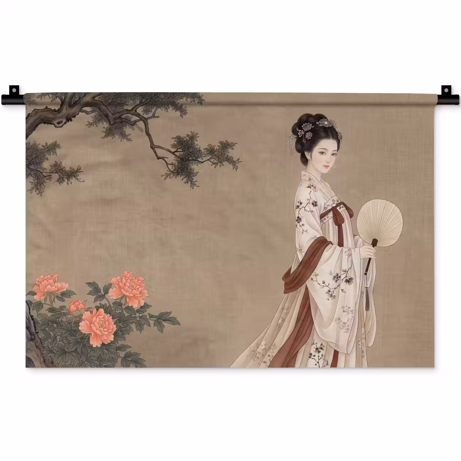 Vrouw - Azië - Kunst - Beige Wandkleed katoen klein -zz3d