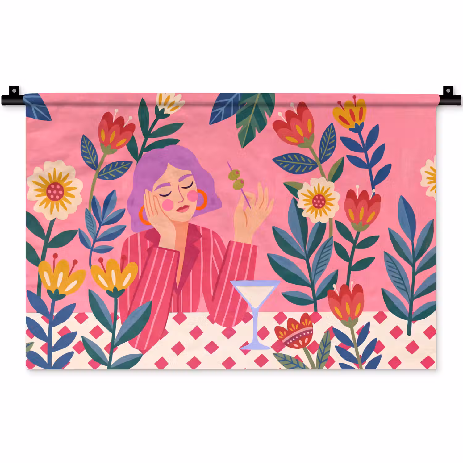 Vrouw - Cocktail - Bloemen - Modern - Roze Wandkleed katoen klein -zz3d