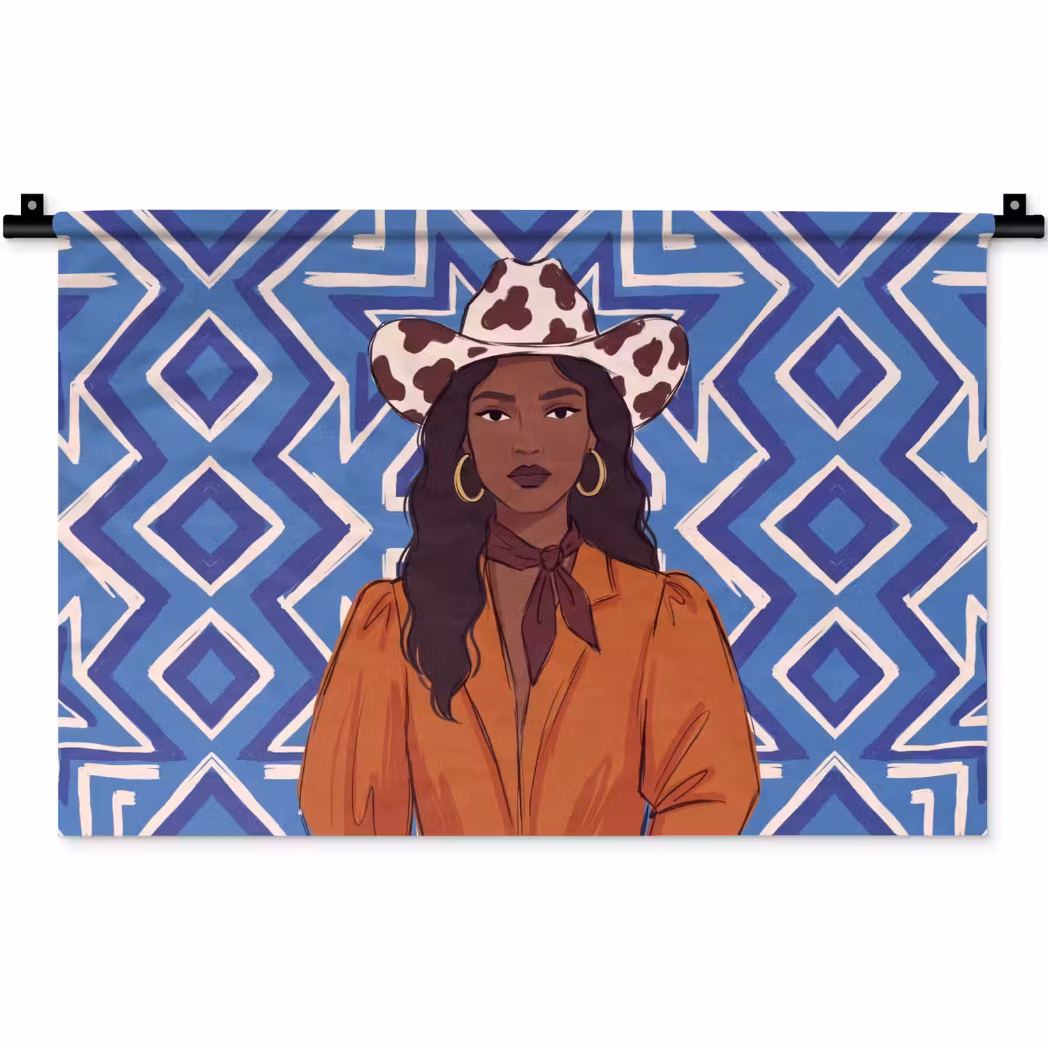 Vrouw - Cowboyhoed - Portret - Modern - Blauw Wandkleed katoen klein -zz3d