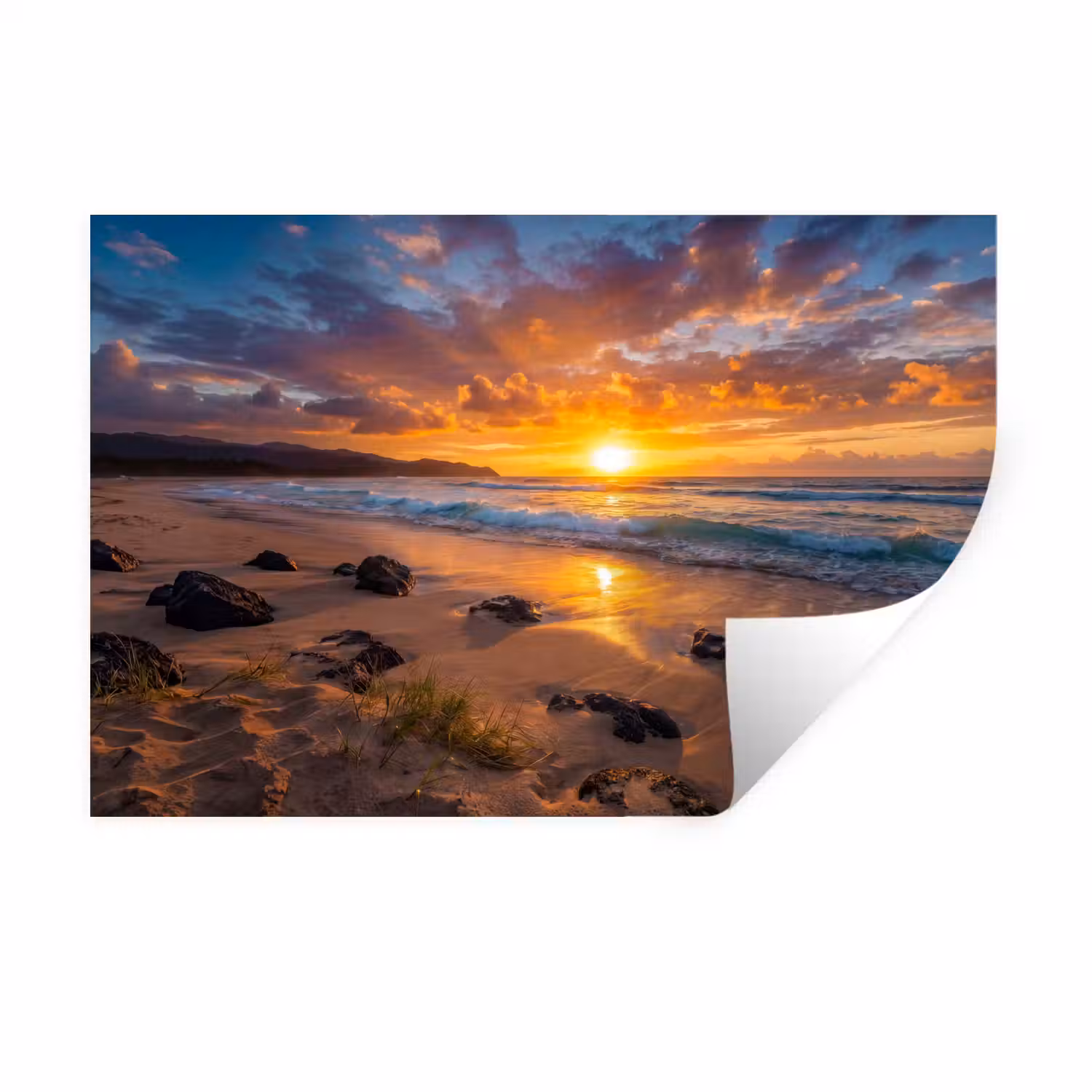 Strand - Zonsondergang - Golven - Natuur - Oranje Muursticker klein -3d
