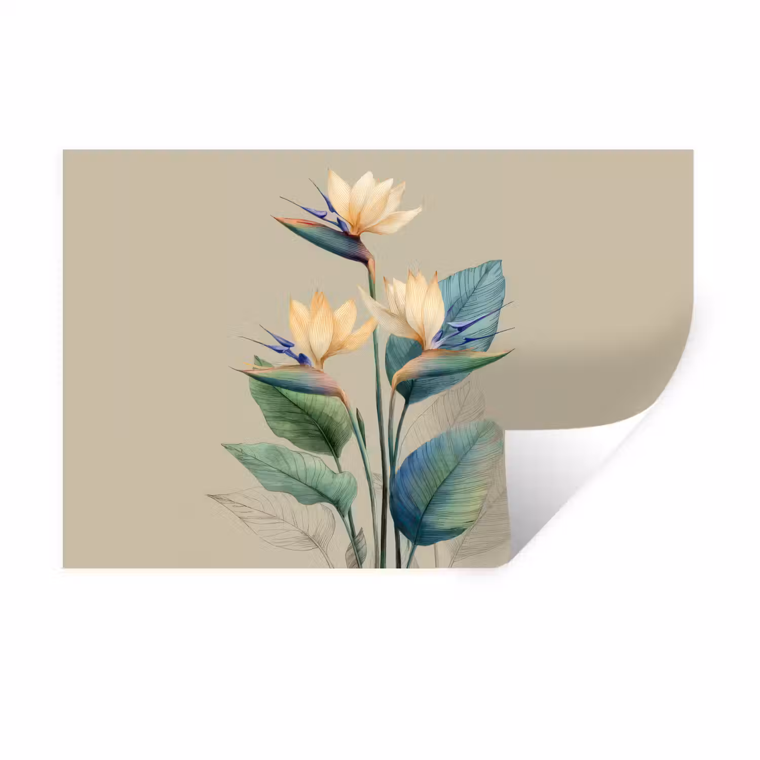 Paradijsvogelbloemen - Blauwgroene bladeren - Beige Muursticker klein -3d