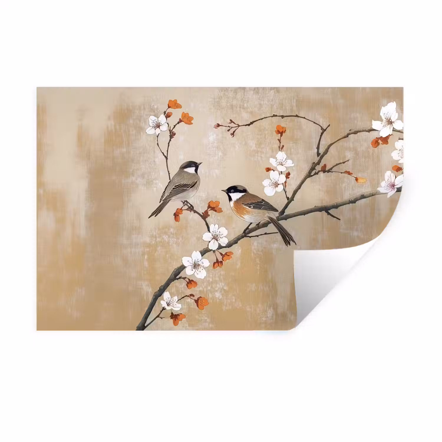 Vogels - Bloesemtak - Bloemen - Oranje Muursticker klein -3d