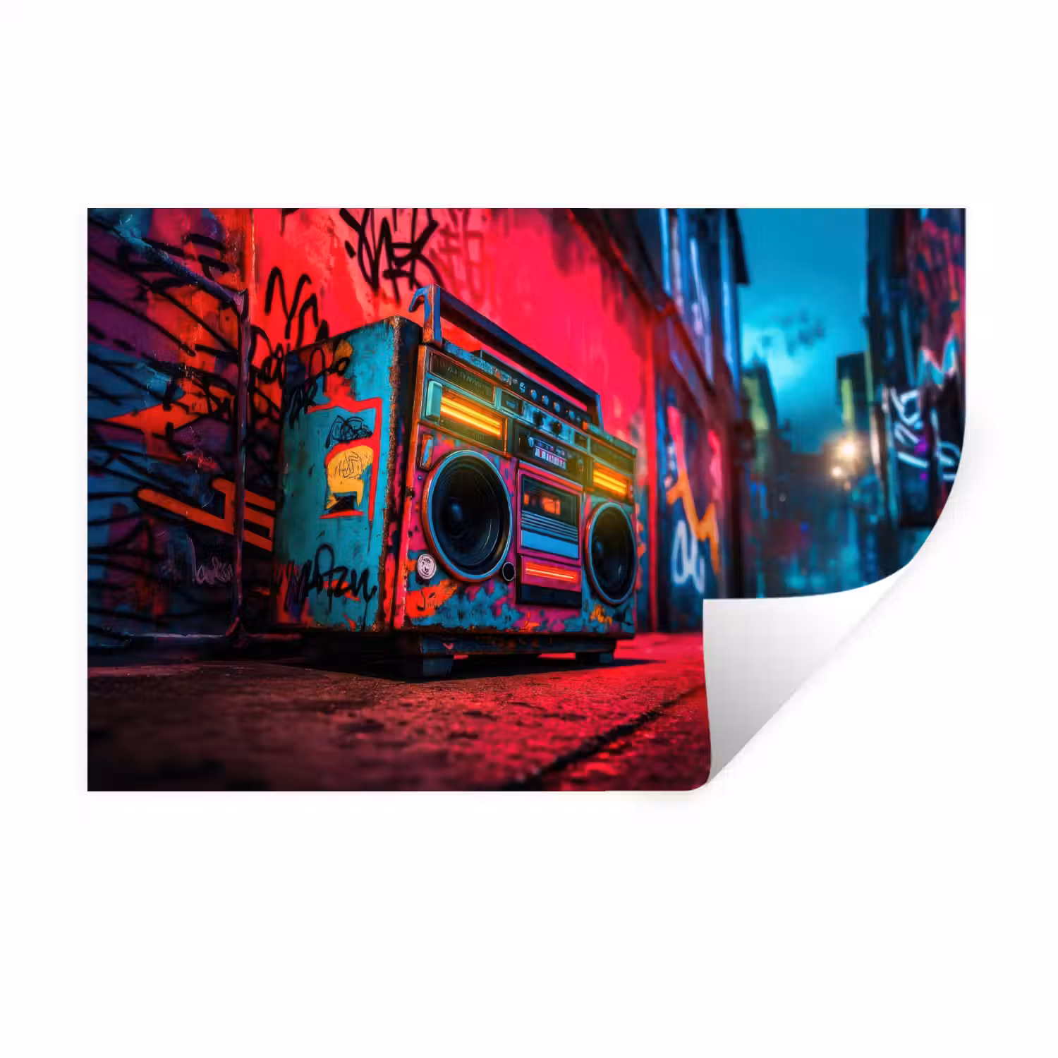 Boombox - Rood - Graffiti - Neon Muursticker klein -3d