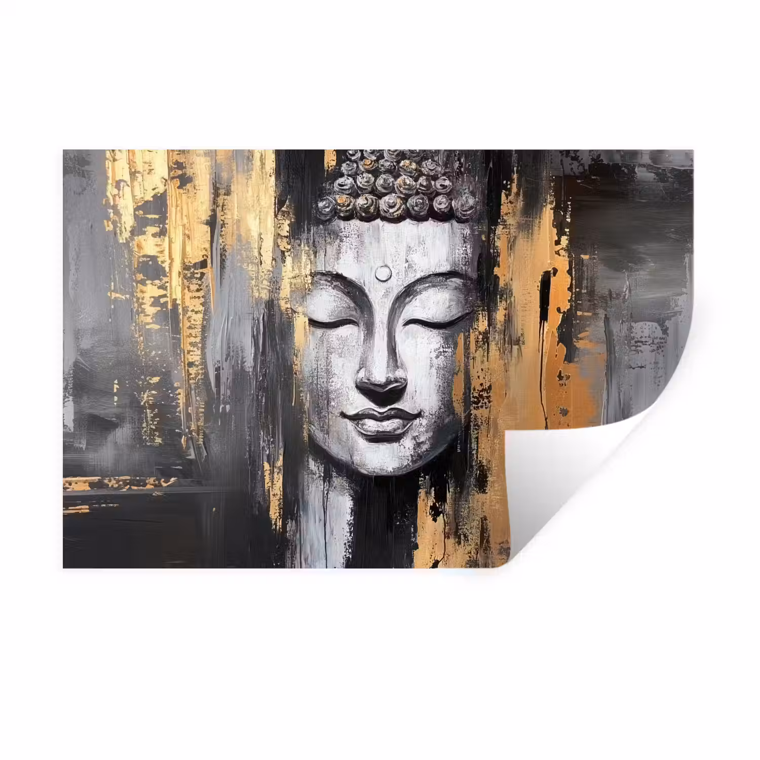 Boedhha - Penseelstreken - Goud - Abstract Muursticker klein -3d