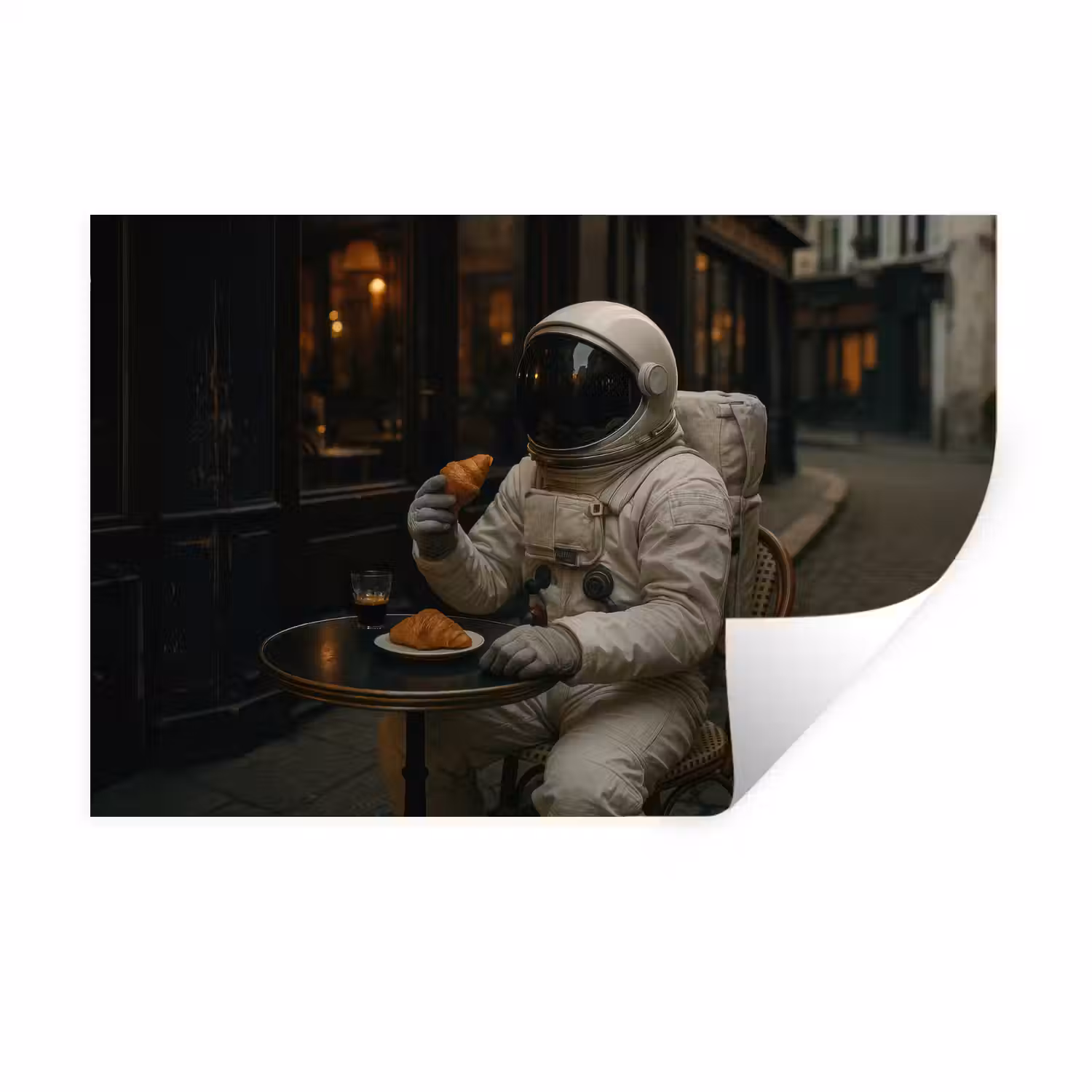 Café - Croissant - Koffie - Astronaut Muursticker klein -3d