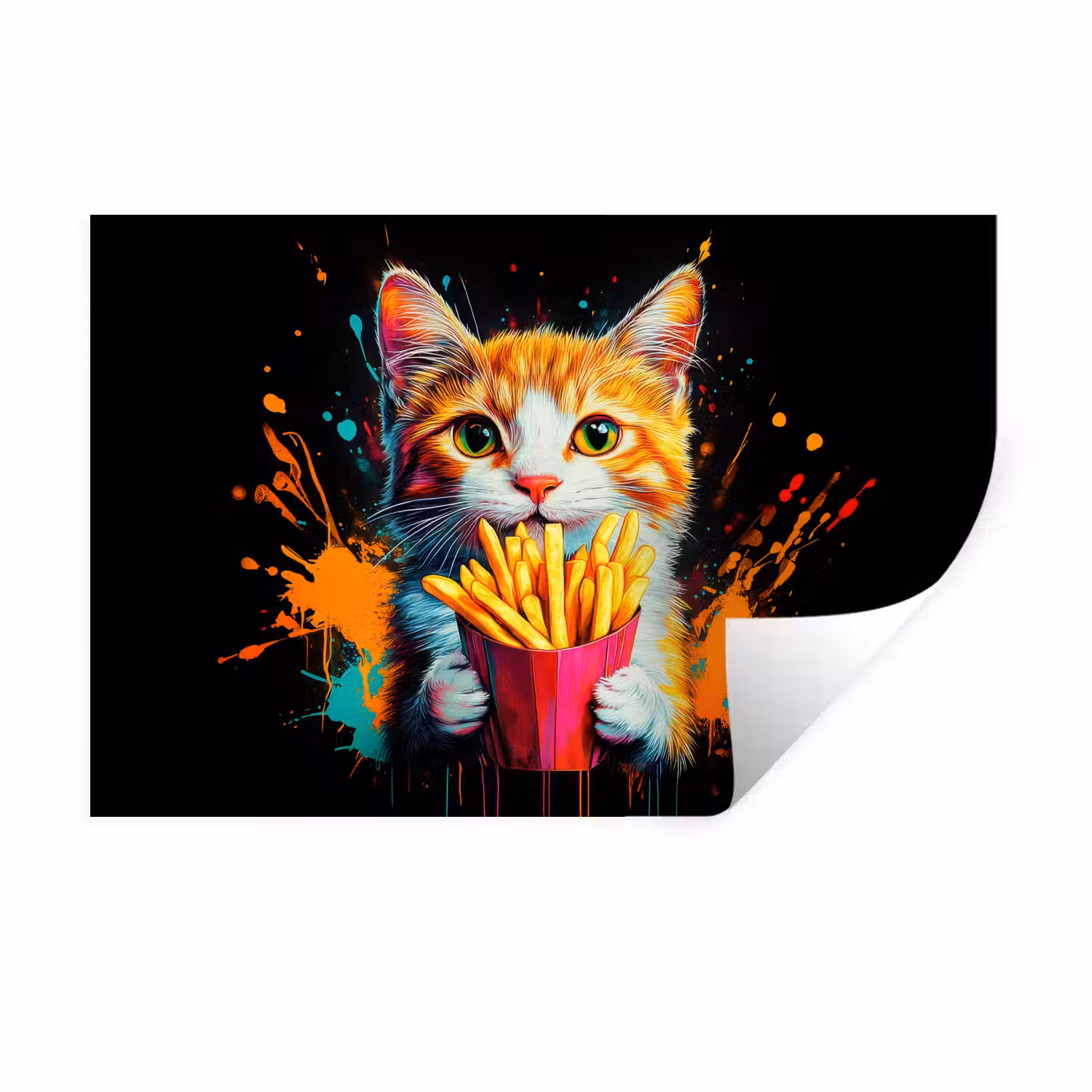Kat - Eten - Patat - Graffiti - Abstract Muursticker klein -3d