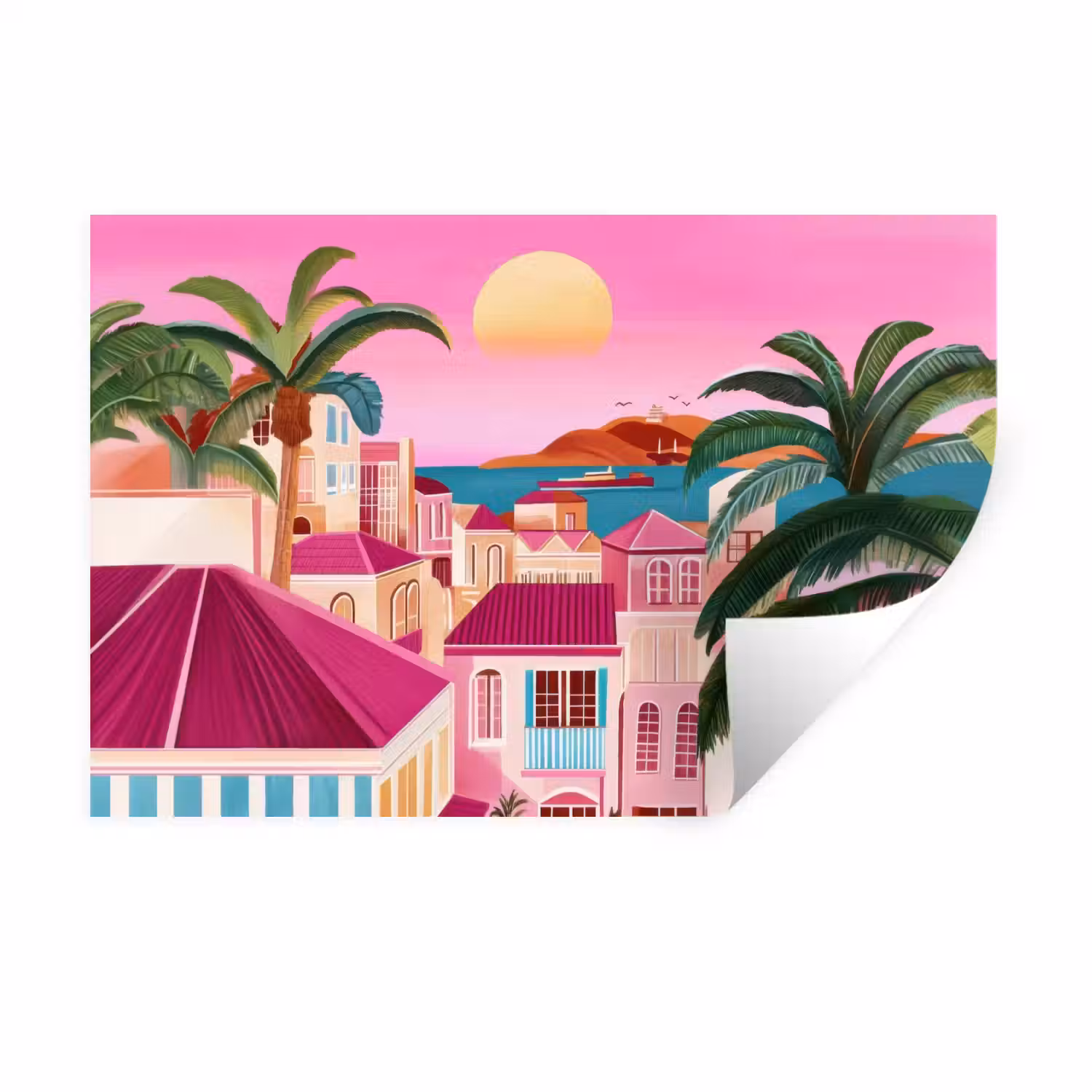 Stad - Roze - Palmbomen Muursticker klein -3d