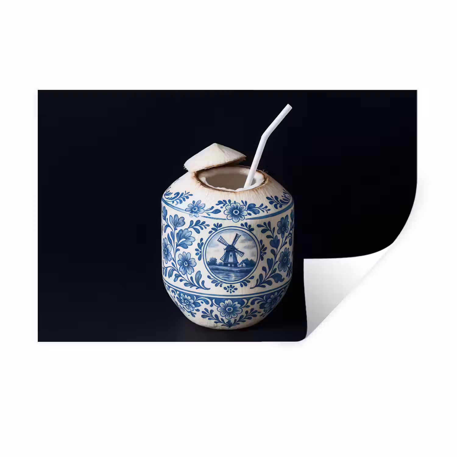 Kokosnoot - Eten - Delfts blauw - Drinken Muursticker klein -3d