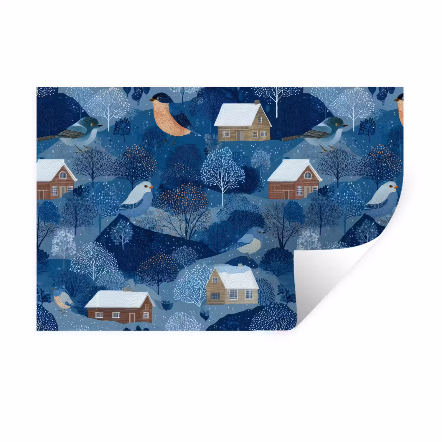 Huisjes - Vogels - Sneeuw - Winter - Blauw Muursticker klein 286 -3d