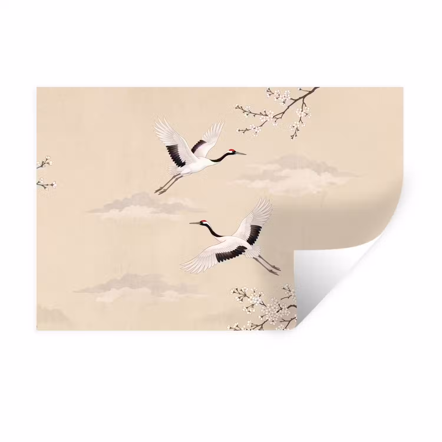 Kraanvogels - Bloesem - Beige Muursticker klein -3d