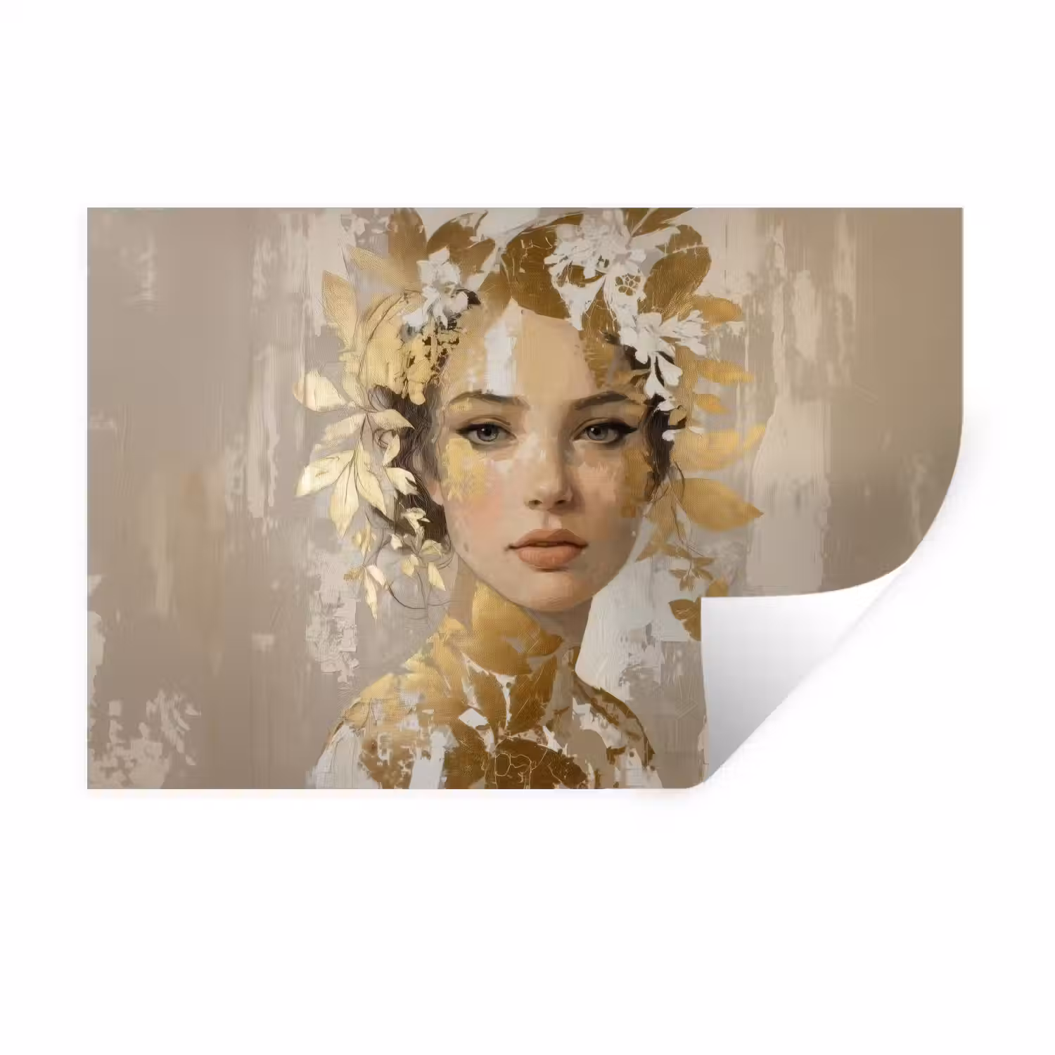 Gezicht - Vrouw - Bladeren - Goud Muursticker klein -3d