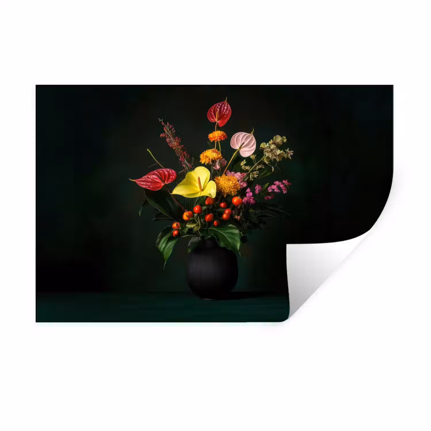 Bloemen - Vaas - Zwart Muursticker klein -3d