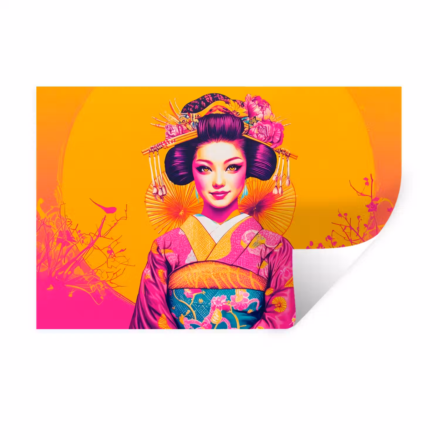 Bloemen - Vrouw - Kimono - Roze Muursticker klein -3d